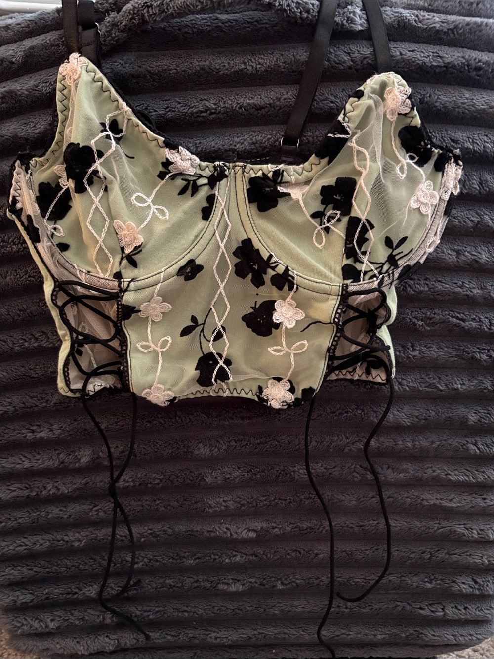 ROMWE Mint Green Floral Lace-Up Crop Top